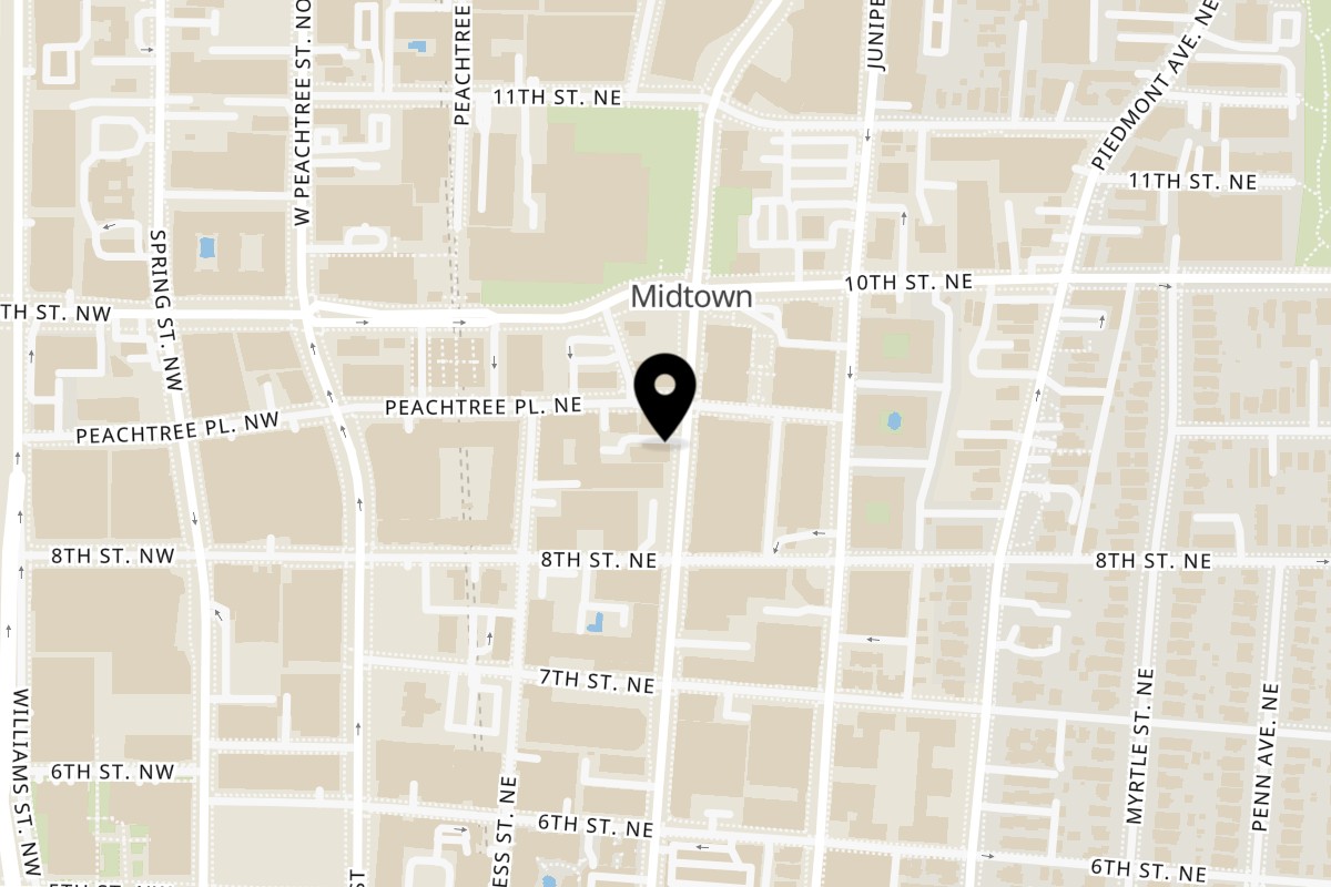 Map showing the location of Hudson Grille Midtown on 942 Peachtree St NE in Atlanta